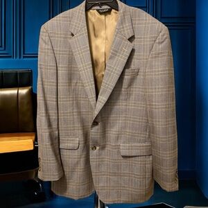 Jos A Bank Mens Glen Plaid Wool Tan Windowpane Sportcoat Blazer Jacket 44L